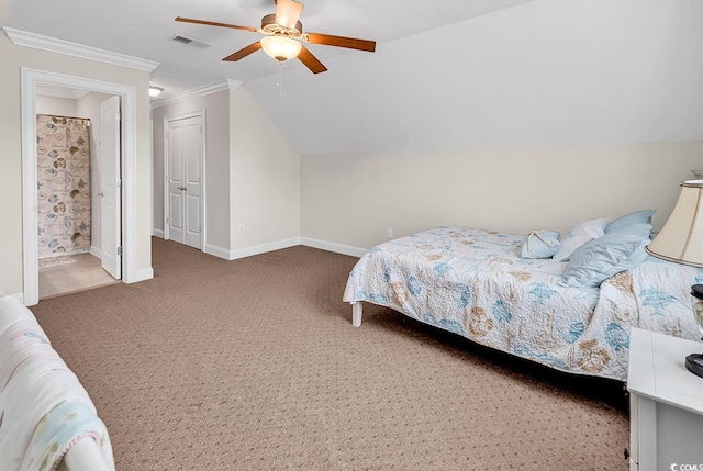 120 Whitemarsh Ct, Murrells Inlet, SC 29576 - bedroom featuring carpet flooring, crown molding, visible vents, vaulted ceiling, and baseboards