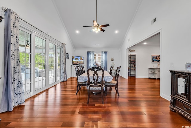 120 Whitemarsh Ct, Murrells Inlet, SC 29576 - dining area with wood finished floors, visible vents, crown molding, high vaulted ceiling, and ceiling fan