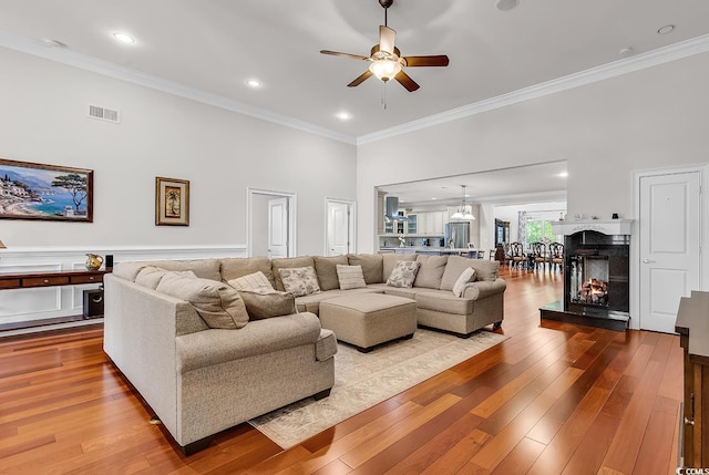 120 Whitemarsh Ct, Murrells Inlet, SC 29576 - living area featuring wood-type flooring, visible vents, a ceiling fan, and ornamental molding