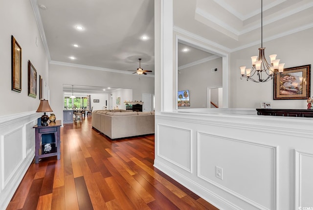 120 Whitemarsh Ct, Murrells Inlet, SC 29576 - interior space with recessed lighting, dark wood finished floors, ornamental molding, and ceiling fan with notable chandelier