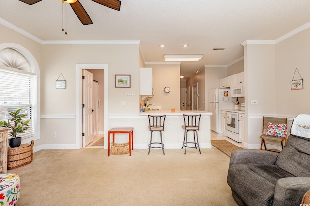 4709 Wild Iris Dr Unit 101, Myrtle Beach, SC 29577 - living area with crown molding, ceiling fan, light colored carpet, and baseboards