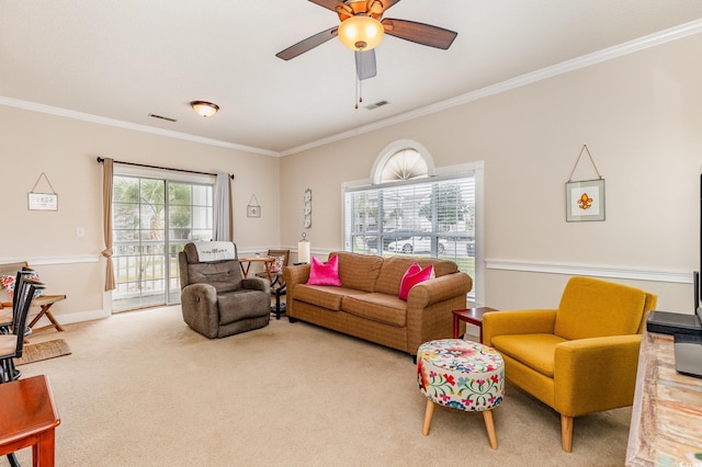 4709 Wild Iris Dr Unit 101, Myrtle Beach, SC 29577 - living area with visible vents, ornamental molding, a ceiling fan, and carpet floors