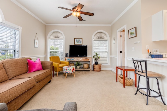 4709 Wild Iris Dr Unit 101, Myrtle Beach, SC 29577 - living room featuring a ceiling fan, ornamental molding, and light colored carpet