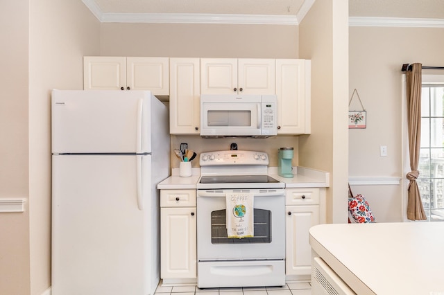 4709 Wild Iris Dr Unit 101, Myrtle Beach, SC 29577 - kitchen featuring white cabinetry, white appliances, light countertops, and ornamental molding