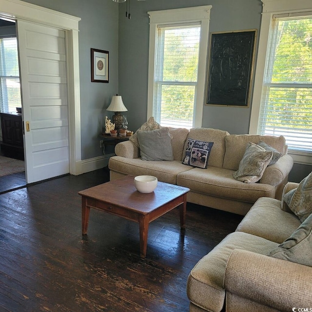 living area featuring baseboards and wood finished floors