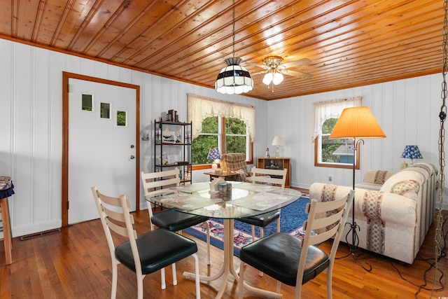 dining space with wooden ceiling, hardwood / wood-style floors, crown molding, and a ceiling fan