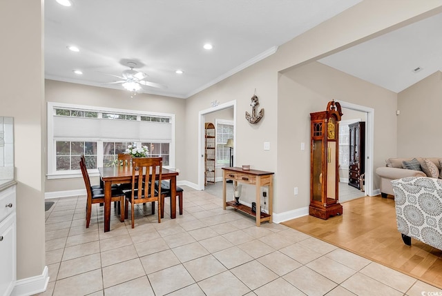 dining room with ornamental molding, baseboards, recessed lighting, a ceiling fan, and light tile patterned floors