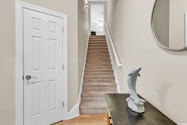 stairway with baseboards, a ceiling fan, and wood finished floors