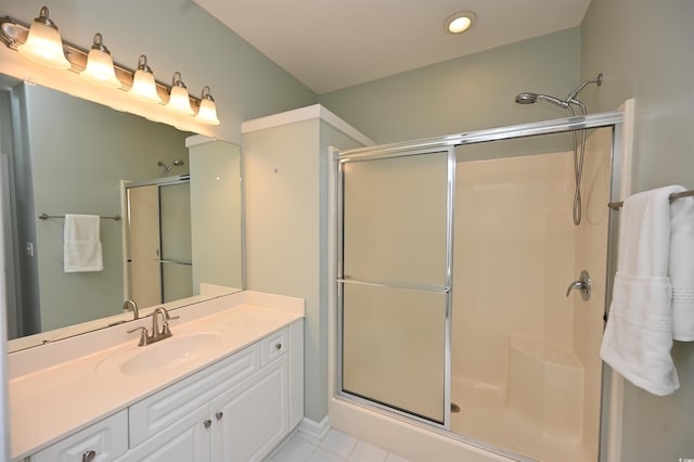 4660 Lightkeepers Way Unit 37B, Little River, SC 29566 - bathroom featuring a shower stall, recessed lighting, vanity, and tile patterned flooring