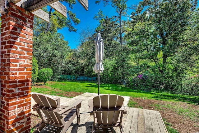 view of patio featuring fence and a wooden deck