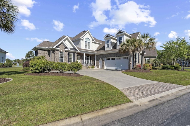 63 Grey Moss Rd, Murrells Inlet, SC 29576 - view of front of house featuring driveway, a front yard, a garage, and a porch