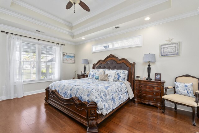 63 Grey Moss Rd, Murrells Inlet, SC 29576 - bedroom featuring wood finished floors, a raised ceiling, baseboards, ornamental molding, and ceiling fan