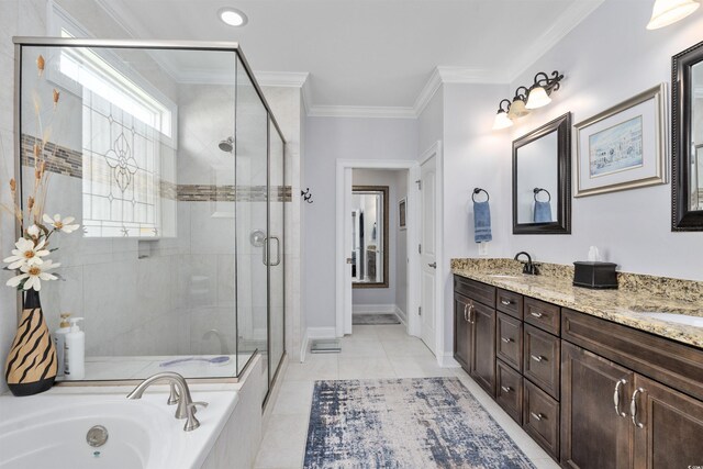 63 Grey Moss Rd, Murrells Inlet, SC 29576 - bathroom with a shower stall, double vanity, a garden tub, crown molding, and baseboards