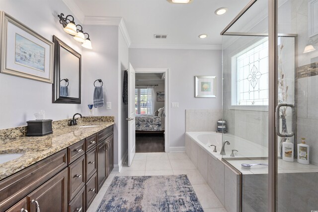 63 Grey Moss Rd, Murrells Inlet, SC 29576 - full bath featuring connected bathroom, double vanity, a bath, ornamental molding, and tile patterned flooring