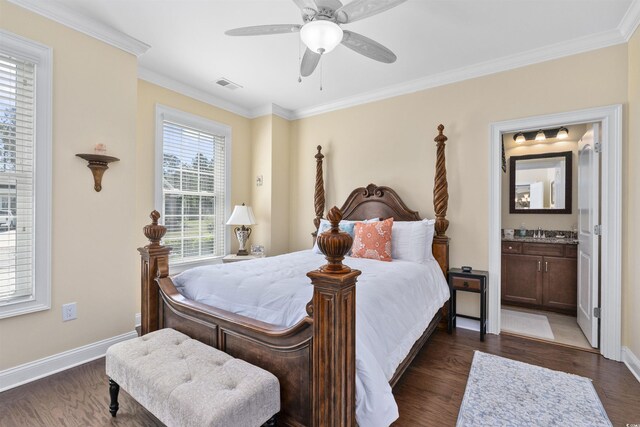 63 Grey Moss Rd, Murrells Inlet, SC 29576 - bedroom with dark wood-type flooring, baseboards, crown molding, ensuite bath, and ceiling fan