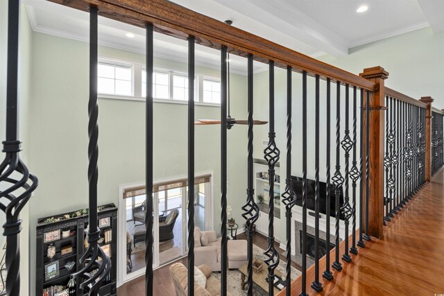 63 Grey Moss Rd, Murrells Inlet, SC 29576 - stairway with crown molding, wood finished floors, and recessed lighting