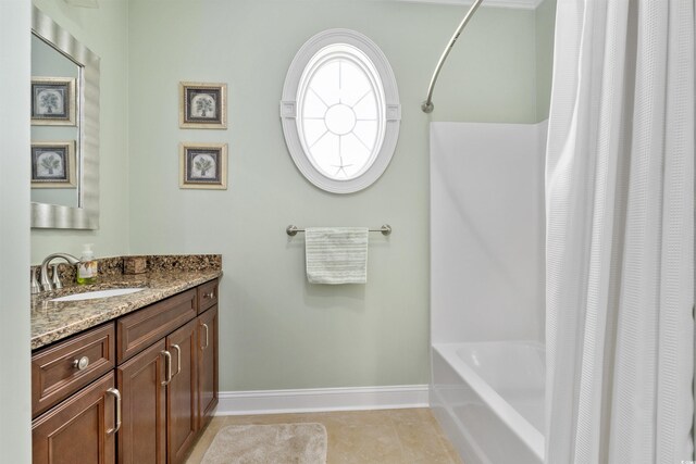 63 Grey Moss Rd, Murrells Inlet, SC 29576 - bathroom featuring baseboards, tile patterned floors, vanity, and shower / bathtub combination with curtain