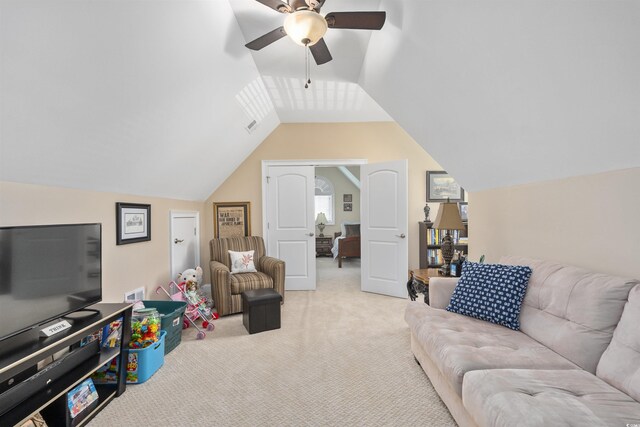 63 Grey Moss Rd, Murrells Inlet, SC 29576 - carpeted living room with ceiling fan and vaulted ceiling