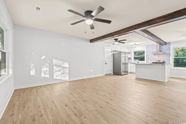 421 Villa Woods Dr, Myrtle Beach, SC 29579 - unfurnished living room featuring ceiling fan, visible vents, light wood-type flooring, baseboards, and beamed ceiling