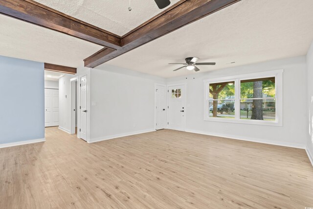 421 Villa Woods Dr, Myrtle Beach, SC 29579 - unfurnished living room with light wood-type flooring, a ceiling fan, baseboards, and beamed ceiling