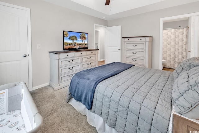 122 Desurrency Ct, Georgetown, SC 29440 - bedroom featuring ceiling fan, baseboards, light colored carpet, and ensuite bathroom