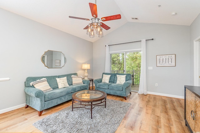 6253 Catalina Dr Unit 131, North Myrtle Beach, SC 29582 - living area featuring ceiling fan, high vaulted ceiling, visible vents, light wood-style flooring, and baseboards