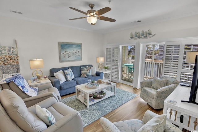 601 Hillside Dr N Unit 1405, North Myrtle Beach, SC 29582 - living room featuring a ceiling fan, wood finished floors, and visible vents