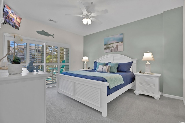 601 Hillside Dr N Unit 1405, North Myrtle Beach, SC 29582 - bedroom featuring visible vents, baseboards, ceiling fan, and light colored carpet