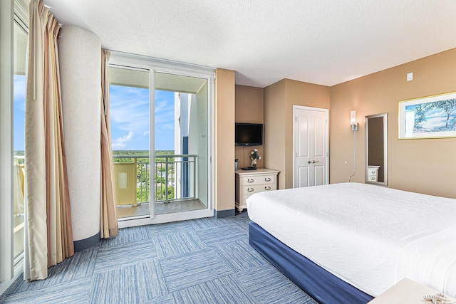 bedroom with access to exterior, carpet flooring, baseboards, and a textured ceiling