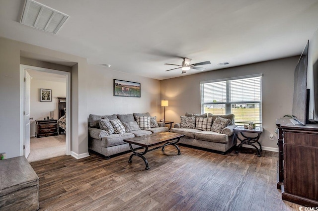 777 Woodland Farms Cir, Aynor, SC 29511 - living room featuring baseboards, visible vents, wood finished floors, and a ceiling fan