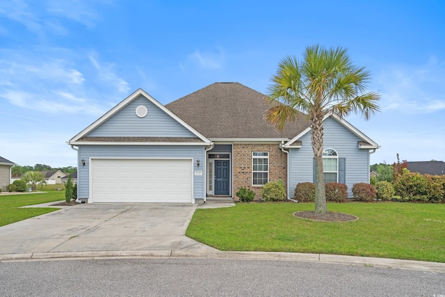 713 Garland Ct, Myrtle Beach, SC 29588 - view of front of house with a garage, concrete driveway, a front lawn, and roof with shingles