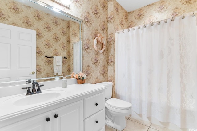 bathroom featuring vanity, toilet, tile patterned floors, shower / bath combination with curtain, and wallpapered walls