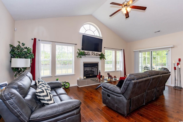 133 Alpharetta Ct, Conway, SC 29526 - living room with a ceiling fan, a fireplace, dark wood finished floors, plenty of natural light, and high vaulted ceiling