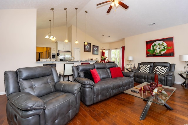 133 Alpharetta Ct, Conway, SC 29526 - living area with a ceiling fan, dark wood finished floors, a chandelier, and high vaulted ceiling
