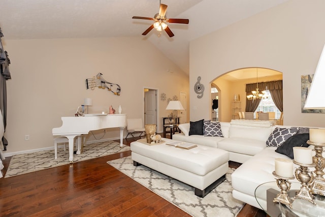 133 Alpharetta Ct, Conway, SC 29526 - living area featuring a ceiling fan, wood-type flooring, arched walkways, baseboards, and a chandelier
