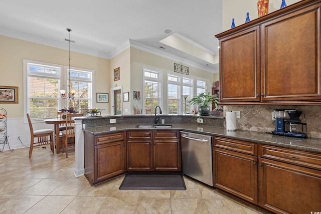 200 Stonefly Ct, Murrells Inlet, SC 29576 - kitchen with crown molding, stainless steel dishwasher, a sink, a peninsula, and dark stone counters
