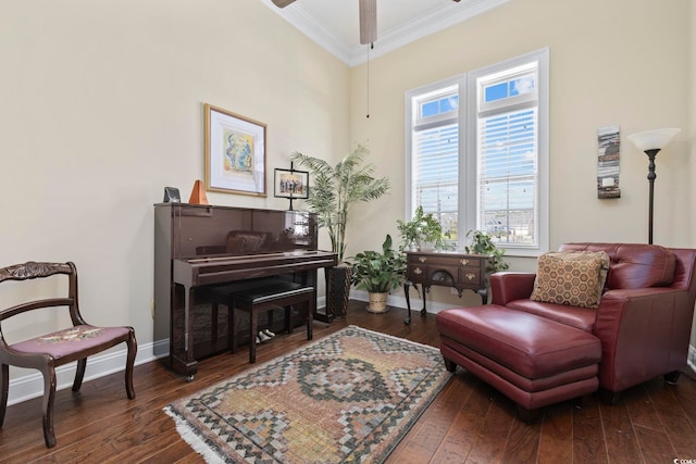 200 Stonefly Ct, Murrells Inlet, SC 29576 - sitting room featuring baseboards, ornamental molding, a ceiling fan, and dark wood-type flooring