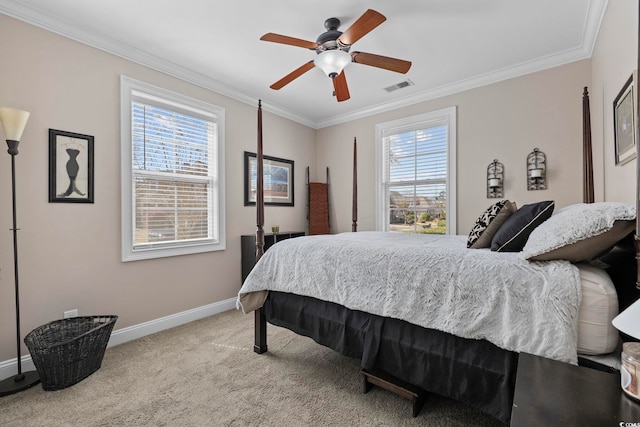 200 Stonefly Ct, Murrells Inlet, SC 29576 - bedroom featuring visible vents, crown molding, baseboards, ceiling fan, and carpet