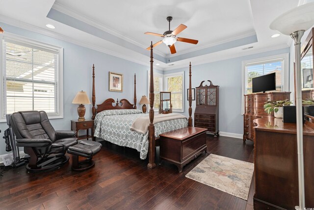 200 Stonefly Ct, Murrells Inlet, SC 29576 - bedroom with ornamental molding, baseboards, dark wood-style floors, recessed lighting, and a tray ceiling