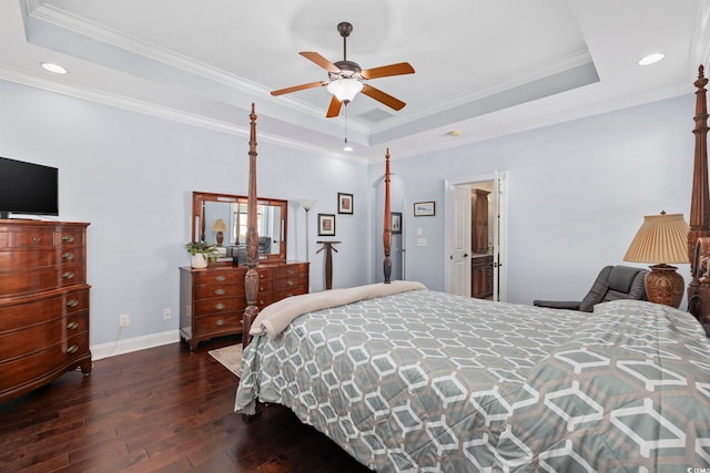 200 Stonefly Ct, Murrells Inlet, SC 29576 - bedroom featuring crown molding, a raised ceiling, baseboards, wood-type flooring, and recessed lighting