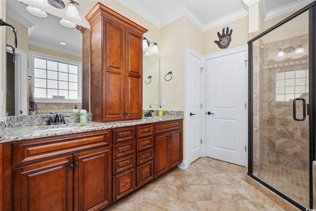 200 Stonefly Ct, Murrells Inlet, SC 29576 - full bath with double vanity, ornamental molding, a sink, and a shower stall