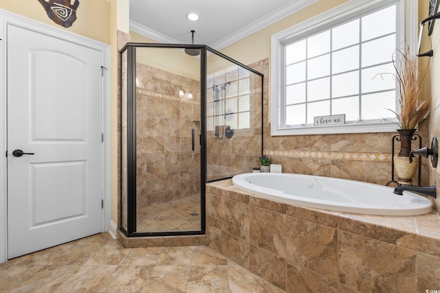 200 Stonefly Ct, Murrells Inlet, SC 29576 - bathroom featuring crown molding, a bath, and a stall shower