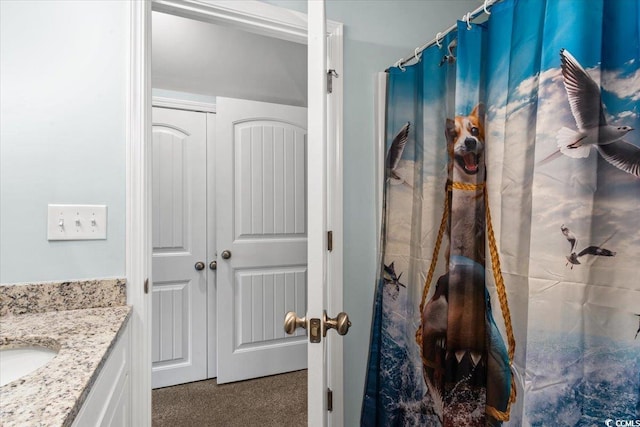 bathroom with vanity and a shower with shower curtain