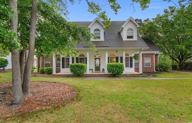 4721 National Dr, Myrtle Beach, SC 29579 - cape cod home featuring covered porch, a shingled roof, brick siding, and a front lawn
