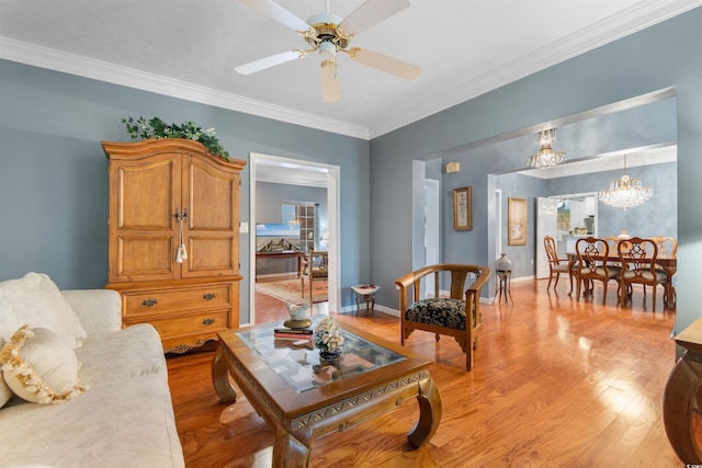 4721 National Dr, Myrtle Beach, SC 29579 - living area featuring baseboards, light wood-style flooring, crown molding, and ceiling fan with notable chandelier