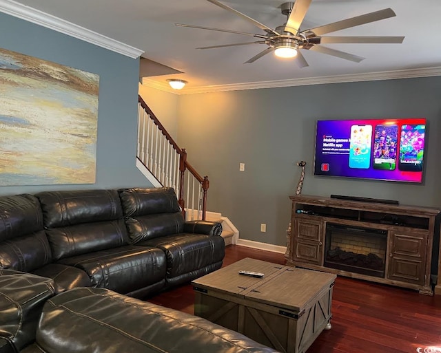 1440 Brighton Ave, Myrtle Beach, SC 29588 - living room with ornamental molding, dark wood-style floors, stairway, ceiling fan, and baseboards