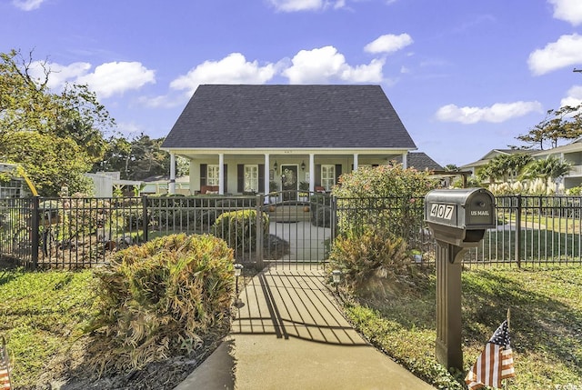 view of front facade with a porch, a fenced front yard, a shingled roof, and a gate