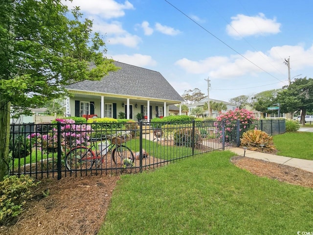 view of front of home featuring a front lawn, a shingled roof, a porch, and fence private yard
