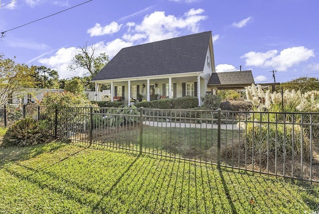 view of front of home featuring a porch, roof with shingles, and fence private yard