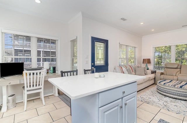 6001-1872 S Kings Hwy, Myrtle Beach, SC 29575 - kitchen with light countertops, ornamental molding, light tile patterned flooring, and open floor plan